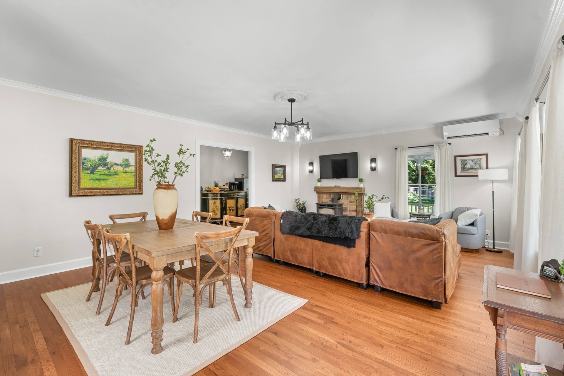 Great room of Trackrock Hollow Lodge with stove fireplace